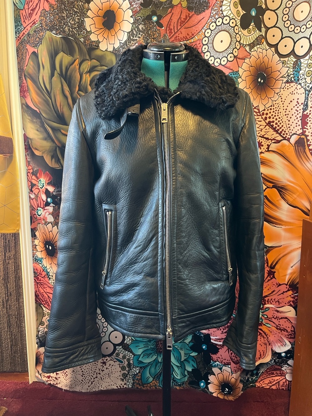 Burberry Black Leather Jacket with Shearling Collar